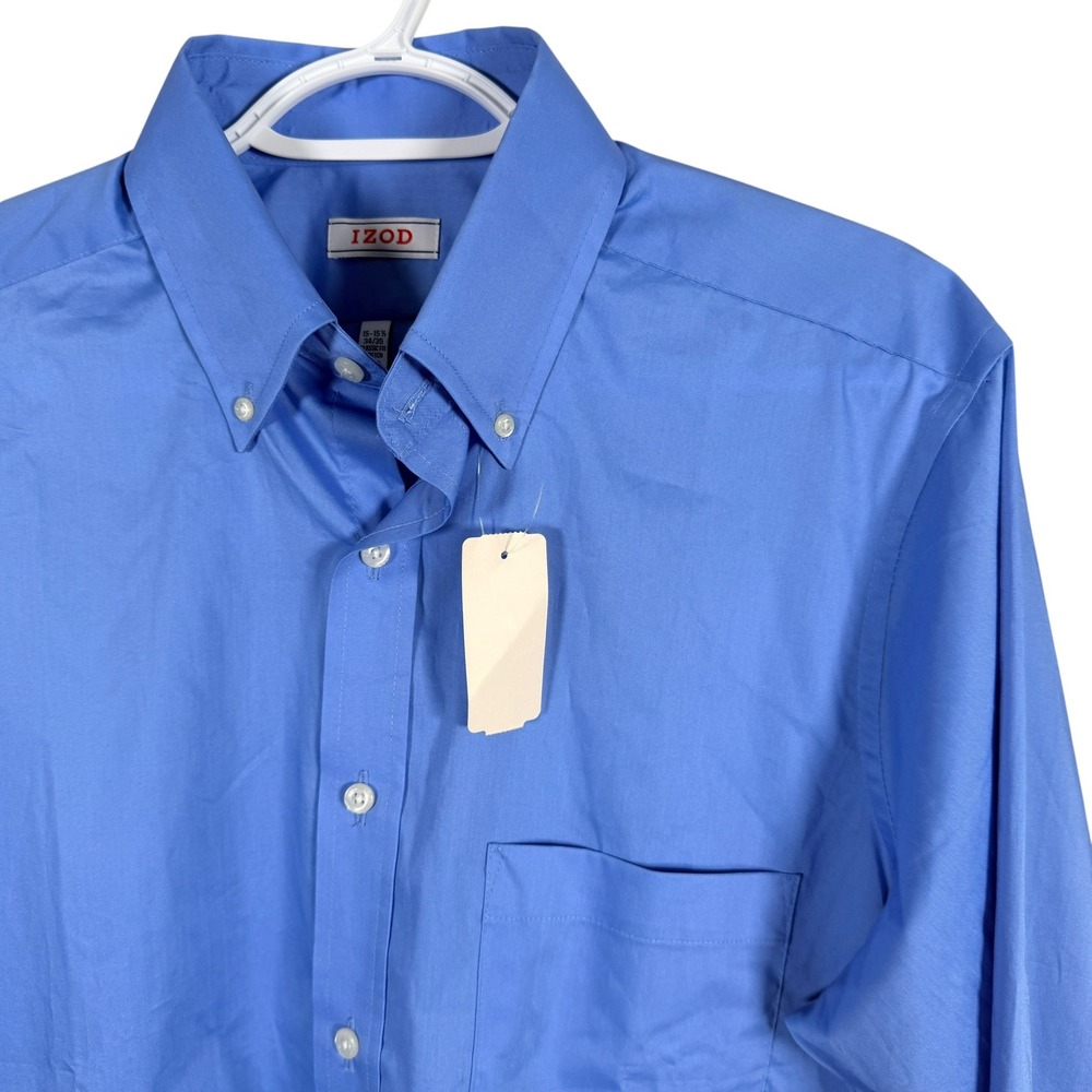 IZOD Button Down Dress Shirt Mens 15.5 34/35 Blue Classic Fit Stretch L/S NEW